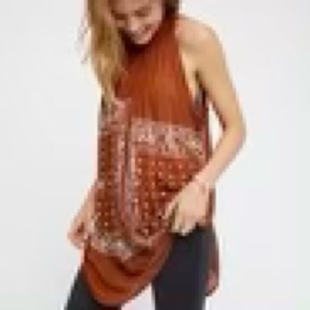 Free People Brown Printed Tunic Tie Neck Tank